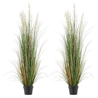 Artificial Reed Grass Plants Set of 2 with Pots, Tall Blades and 5 Reed Flowers Each