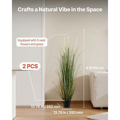 Artificial Reed Grass Plants Set of 2 with Pots, Tall Blades and 5 Reed Flowers Each