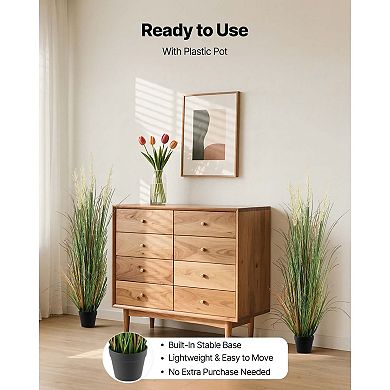 Artificial Reed Grass Plants Set of 2 with Pots, Tall Blades and 5 Reed Flowers Each