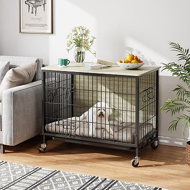 Medium Dog Crate Furniture with Dual Access, Mobile Design & Easy Cleaning