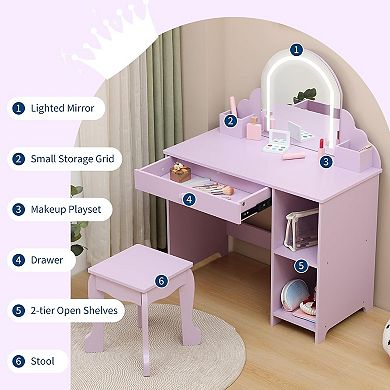 Kids Princess Vanity Set with Mirror, Lights & Stool,Jewelry Storage & Makeup Table