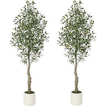 2-Pack Artificial Olive Trees in White Planter with Fruits & Realistic Trunks