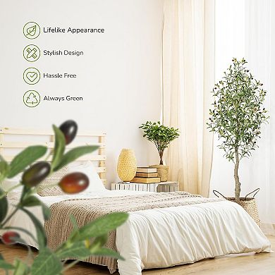 2-Pack Artificial Olive Trees in White Planter with Fruits & Realistic Trunks