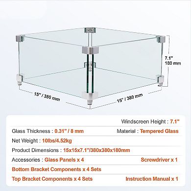Square Fire Pit Glass Wind Guard 15" for Outdoor Flame Protection