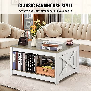Farmhouse Coffee Table with Lift-Top, Semi-Open Storage, and X-Frame Sides