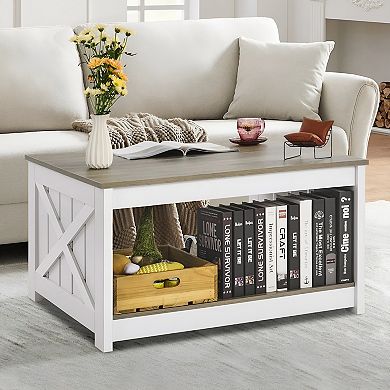 Farmhouse Coffee Table with Lift-Top, Semi-Open Storage, and X-Frame Sides