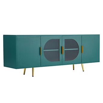 Green TV Stand for 75 Inch TVs with Glass Doors and Gold Legs, Media Console for Living Room
