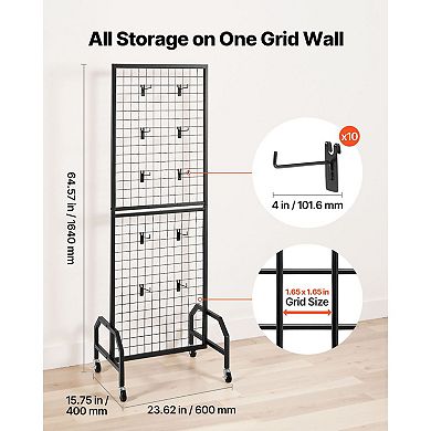 Mobile Wire Grid Wall Panel with 2 Display Grids and Locking Casters for Home Use - Black
