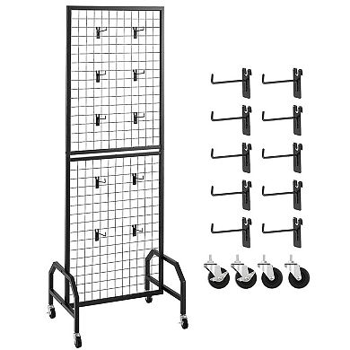 Mobile Wire Grid Wall Panel with 2 Display Grids and Locking Casters for Home Use - Black
