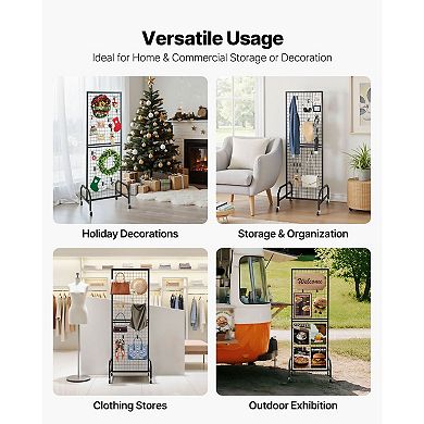 Mobile Wire Grid Wall Panel with 2 Display Grids and Locking Casters for Home Use - Black