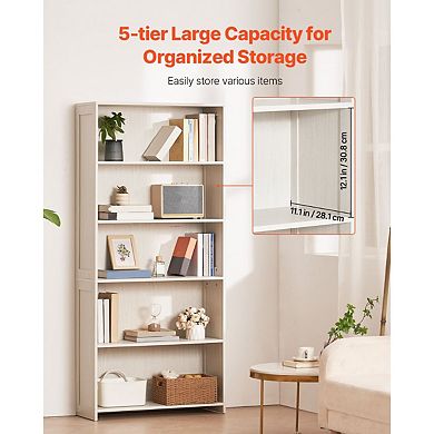 Large Shelf Bookcase with Open Display Shelves and Back Panel Support for Living Room - White