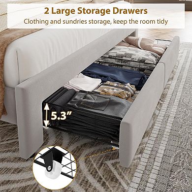 King Velvet Bed Frame with 2 Storage Drawers, Tufted Headboard & Noise Free Support