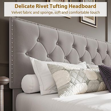 King Velvet Bed Frame with 2 Storage Drawers, Tufted Headboard & Noise Free Support