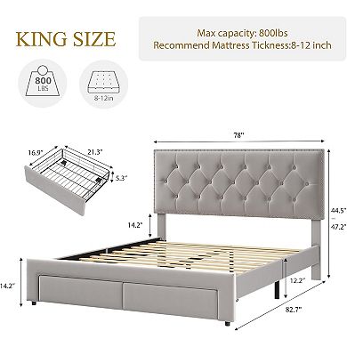 King Velvet Bed Frame with 2 Storage Drawers, Tufted Headboard & Noise Free Support
