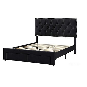 King Velvet Bed Frame with 2 Storage Drawers, Tufted Headboard & Noise Free Support