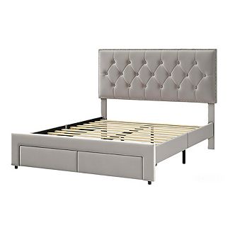 King Velvet Bed Frame with 2 Storage Drawers, Tufted Headboard & Noise Free Support
