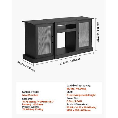 Black TV Stand for 65 Inch TVs with LED Light Strip and Glass Doors, Modern Media Console
