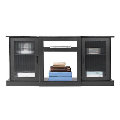 Black TV Stand for 65 Inch TVs with LED Light Strip and Glass Doors, Modern Media Console