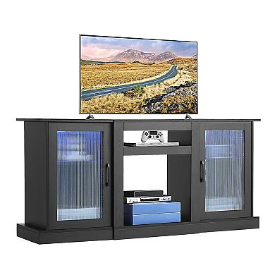 Black TV Stand for 65 Inch TVs with LED Light Strip and Glass Doors, Modern Media Console