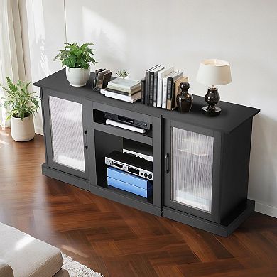 Black TV Stand for 65 Inch TVs with LED Light Strip and Glass Doors, Modern Media Console