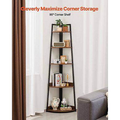 Five-Tier Corner Bookshelf 17x17x70 in Black and Brown for Living Room or Office