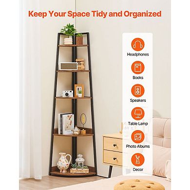 Five-Tier Corner Bookshelf 17x17x70 in Black and Brown for Living Room or Office