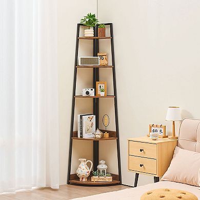 Five-Tier Corner Bookshelf 17x17x70 in Black and Brown for Living Room or Office