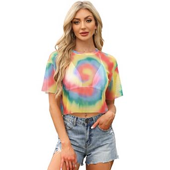 Tie Dye Fishnet Crop Top for Women's Short Sleeve See Through Sheer t Shirts