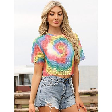 Tie Dye Fishnet Crop Top for Women's Short Sleeve See Through Sheer t Shirts