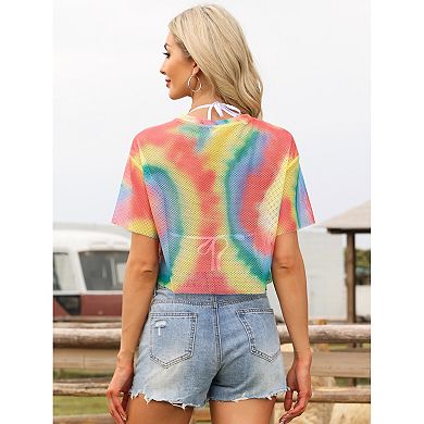 Tie Dye Fishnet Crop Top for Women's Short Sleeve See Through Sheer t Shirts