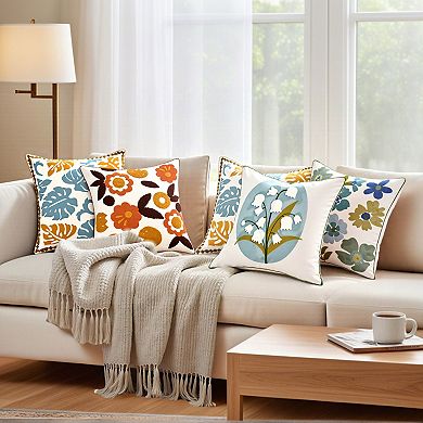 Floral Embroidery Pattern Pillow Cover Set of 2 Soft Cotton Canvas Pillow Cases 18X18 Inch