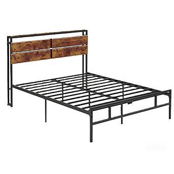 Industrial Metal Bed Frame with Wood Headboard, No Box Spring, Heavy Duty & Fast Assembly
