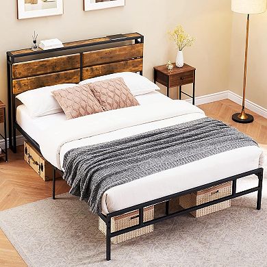 Industrial Metal Bed Frame with Wood Headboard, No Box Spring, Heavy Duty & Fast Assembly