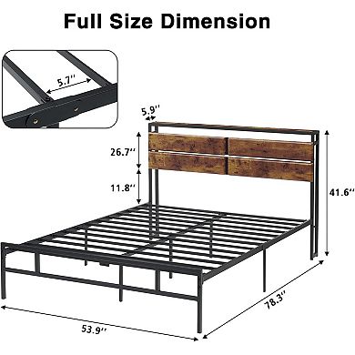 Industrial Metal Bed Frame with Wood Headboard, No Box Spring, Heavy Duty & Fast Assembly