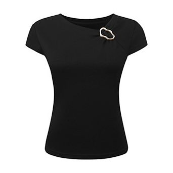 Women's Asymmetric Neck Tops Cap Sleeve Metal Buckle Irregular Neck Blouse