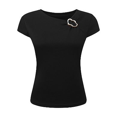 Women's Asymmetric Neck Tops Cap Sleeve Metal Buckle Irregular Neck Blouse