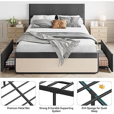 Storage Bed Frame with Drawers & Headboard, Metal Slats, Noise Free & Easy Assembly