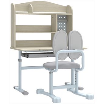 Qaba Kids Study Desk and Chair Set with Tiltable Desktop and Hutch