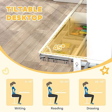 Qaba Kids Study Desk and Chair Set with Tiltable Desktop and Hutch,