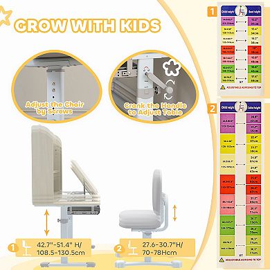 Qaba Kids Study Desk and Chair Set with Tiltable Desktop and Hutch,