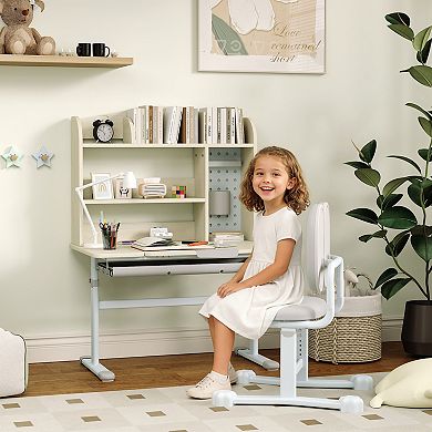 Qaba Kids Study Desk and Chair Set with Tiltable Desktop and Hutch,