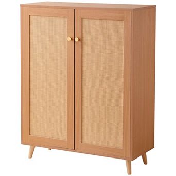 Light Wood Rattan Shoe Storage Cabinet with Adjustable Shelf for Entryway