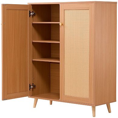Light Wood Rattan Shoe Storage Cabinet with Adjustable Shelf for Entryway