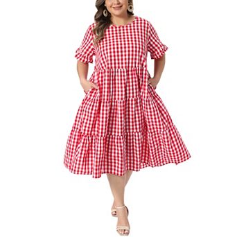 Women's Plus Size Gingham Dresses Vintage Plaid Round Neck Flared Short Sleeve Tiered Maxi Dress