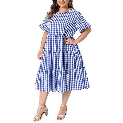 Women's Plus Size Gingham Dresses Vintage Plaid Round Neck Flared