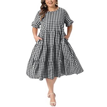 Women's Plus Size Gingham Dresses Vintage Plaid Round Neck Flared Short Sleeve Tiered Maxi Dress