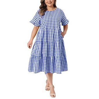 Women's Plus Size Gingham Dresses Vintage Plaid Round Neck Flared Short Sleeve Tiered Maxi Dress