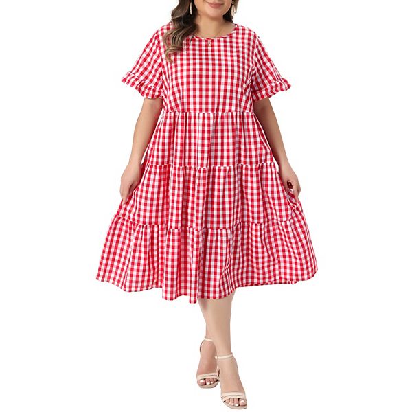 Women's Plus Size Gingham Dresses Vintage Plaid Round Neck Flared