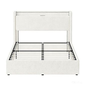 Boucle Bed Frame with Charging, RGB LED Lights & 4 Storage Drawers, Noise Free
