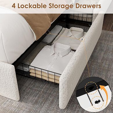 Boucle Bed Frame with Charging, RGB LED Lights & 4 Storage Drawers, Noise Free